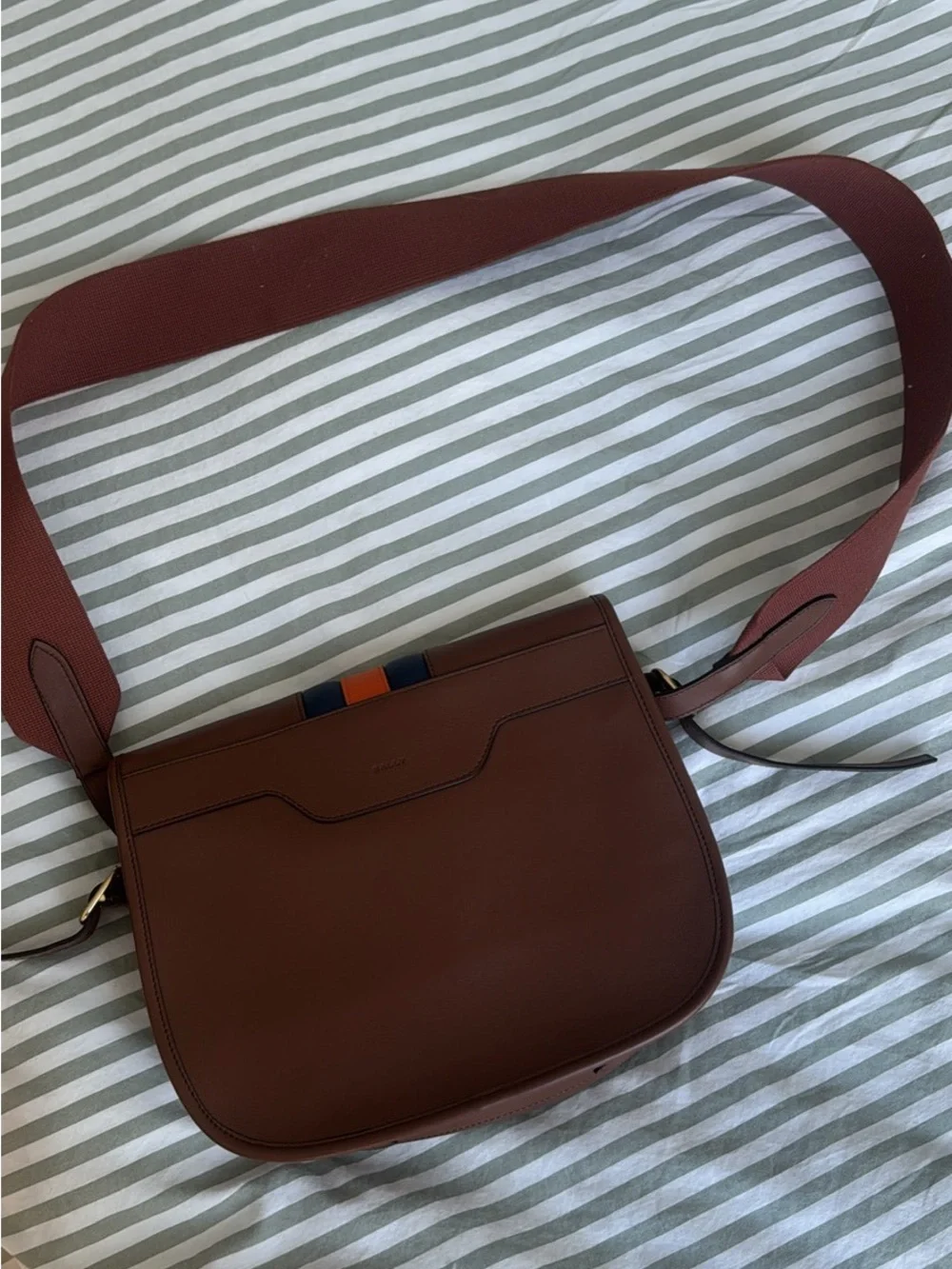 Bally Brown Leather Crossbody Bag with Navy and Orange Stripes